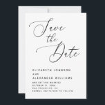 Reserve A Data Casamento Minimalista Elegante. Letra cursiva pret<br><div class="desc">Anuncie o dia do seu casamento com estilo atemporal com este elegante cartão de Save the Date. Com tons preto e branco e tipografia cursiva, destaca seus nomes, data e local de forma clara e bonita. O layout minimalista coloca o foco na sua mensagem, tornando-o perfeito para qualquer estilo de...</div>