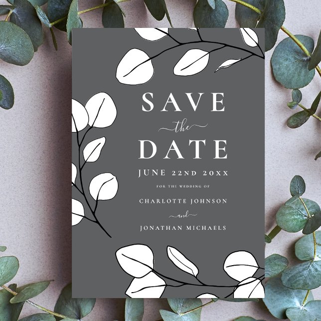 Reserve A Data Casamento Minimalista Elegante Moderno Folha Cinza (Minimalist eucalyptus leaves modern stylish gray wedding save the date invitation )