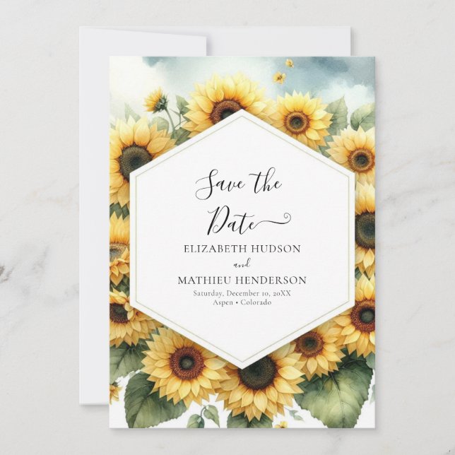 Reserve A Data Casamento Mínimo de Girassol com Aquarela (Frente)