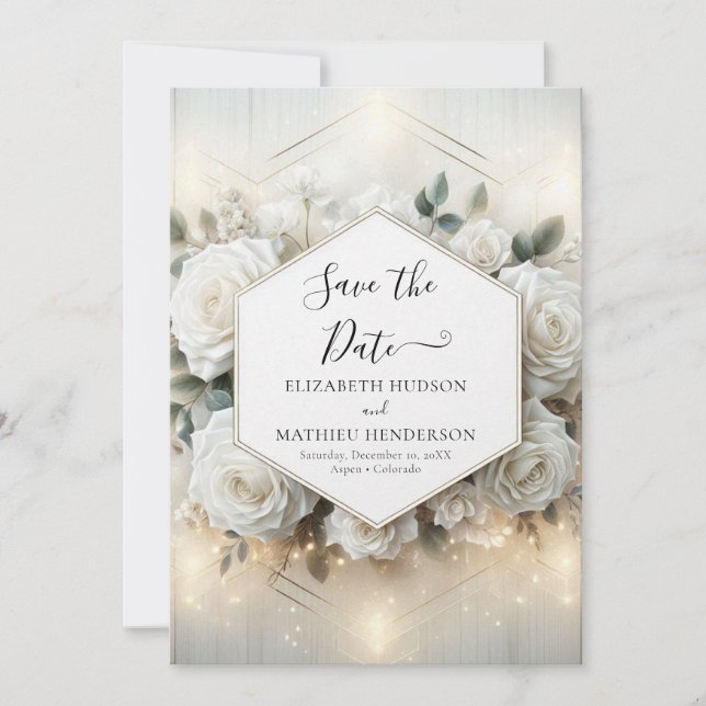 Reserve A Data Casamento mínimo de rosas brancas editáveis (Frente)