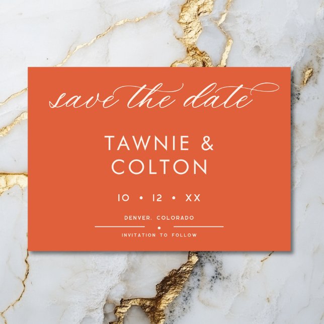 Reserve A Data Casamento Mínimo do Script Laranja Moderno Sunset (Modern Sunset Orange Script Minimal Wedding Save The Date)
