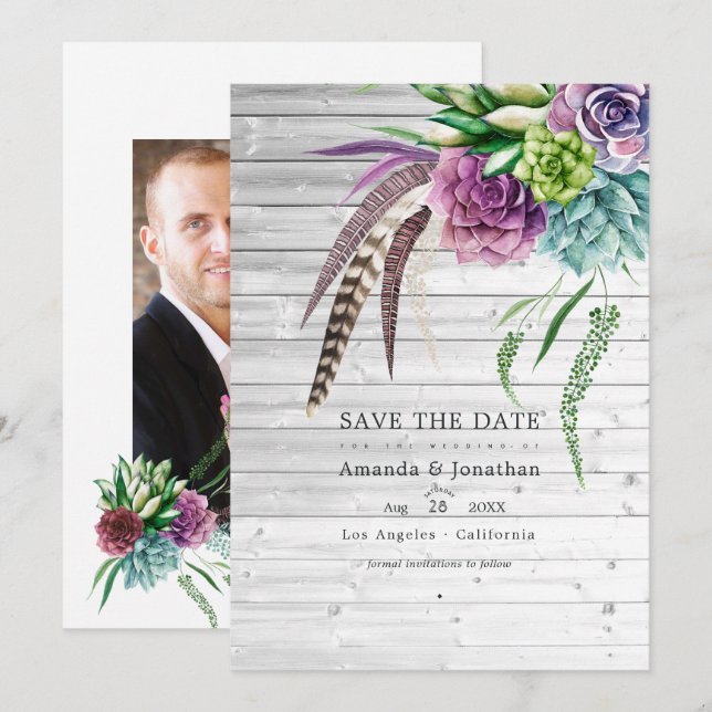 Reserve A Data Casamento Místico Boho Rústico com Plantas Suculen (Frente/Verso)