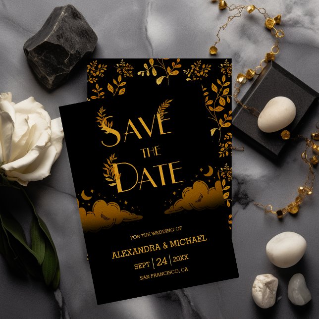 Reserve A Data Casamento Místico Elegante Preto Dourado Nuvens Lu (Criador carregado)