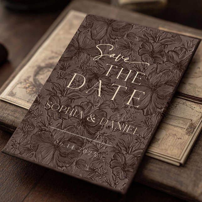 Reserve A Data Casamento Mocha de Chocolate Elegante (Announce your special day with this elegant chocolate mocha embossed floral Save the Date card. Desi)