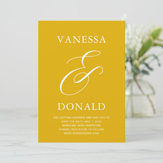 Reserve A Data Casamento Moderno Amarelo Mostarda de Vanessa (Em pé/Frente)