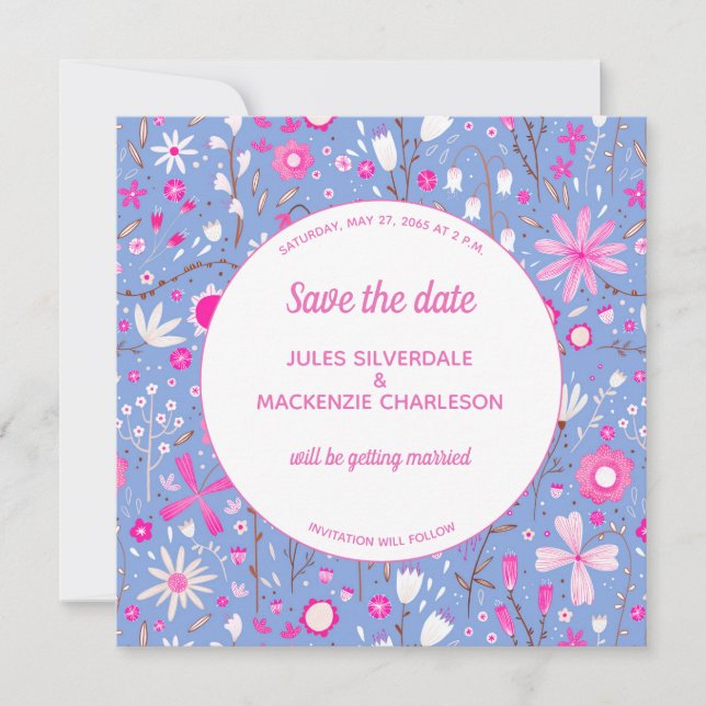 Reserve A Data Casamento Moderno Azul Floral (Frente)