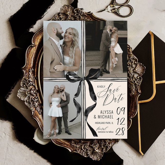 Reserve A Data Casamento Moderno com Arco Preto e Aquarela em Mar (Unique elegant ivory and black watercolor coquette bow 3 photo collage simple wedding save the date)