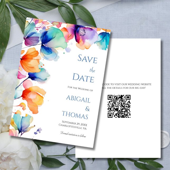 Reserve A Data Casamento Moderno com Código QR Floral em Aquarela (Bright Watercolor Florals, Blue Orange Purple Wedding Save the Date Card with QR code)