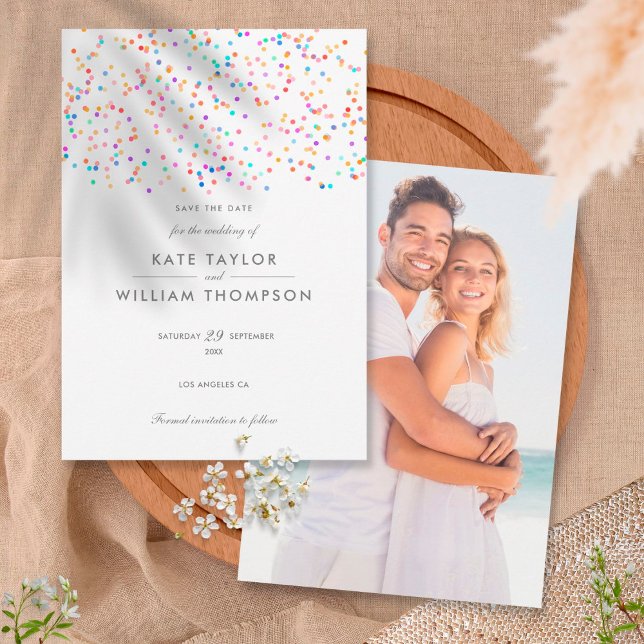 Reserve A Data Casamento Moderno com Confete Arco-íris (Criador carregado)