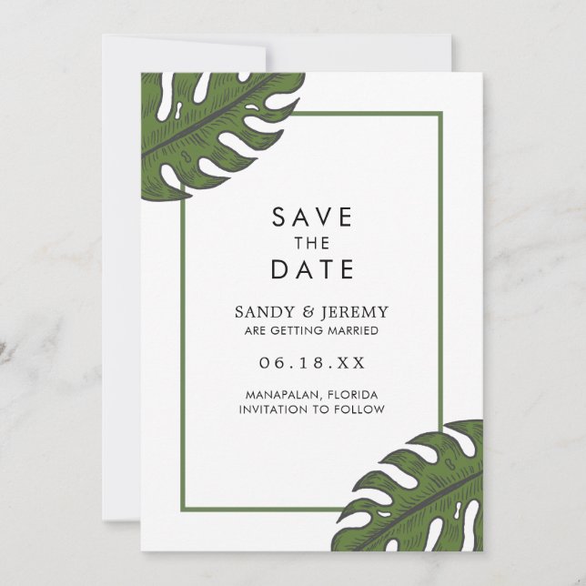 Reserve A Data Casamento Moderno com Folhas de Palmeira Tropicais (Frente)