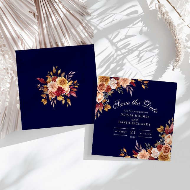Reserve A Data Casamento Moderno com Laranjas Queimadas e Flores  (Modern Burnt Orange Navy Blue Wildflowers Wedding Save The Date on a sunny boho white table.)