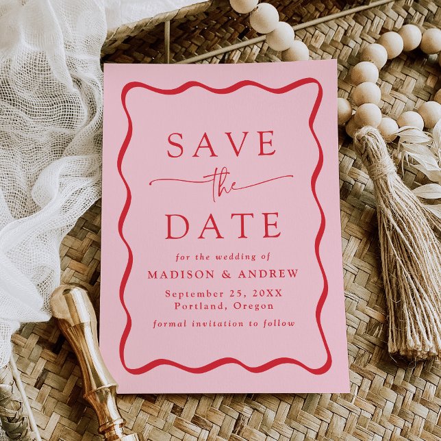 Reserve A Data Casamento Moderno com Moldura Ondulada Rosa e Verm (Criador carregado)