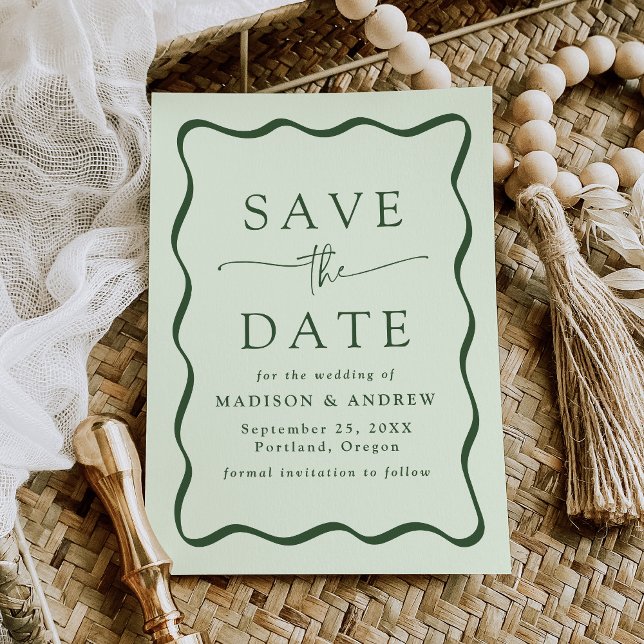 Reserve A Data Casamento Moderno com Moldura Ondulada Verde (Criador carregado)