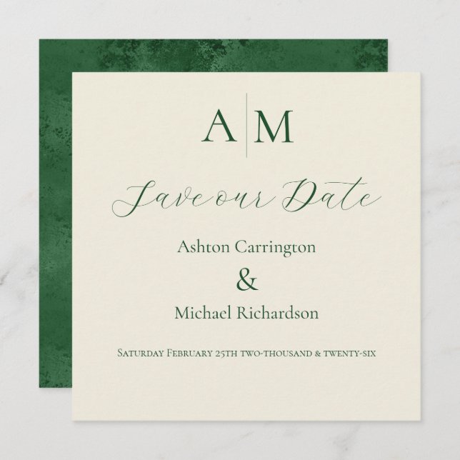 Reserve A Data Casamento Moderno com Monograma Verde (Frente/Verso)