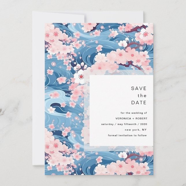 Reserve A Data Casamento Moderno com Ondas de Sakura Navy (Frente)