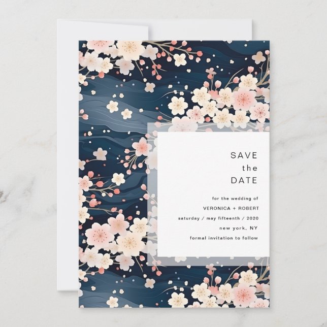 Reserve A Data Casamento Moderno com Ondas de Sakura Navy (Frente)