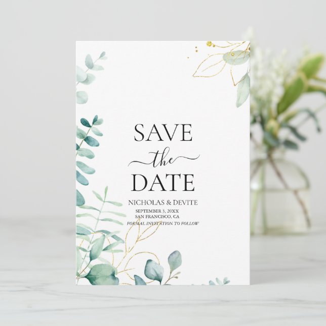 Reserve A Data casamento moderno com verde de eucalipto (Em pé/Frente)