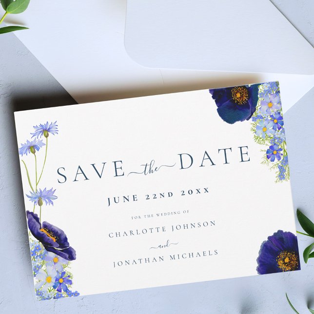 Reserve A Data Casamento Moderno de Flores Selvagens (Elegant wildflower watercolor blue wedding save the date invitation boho Garden meadow flowers)