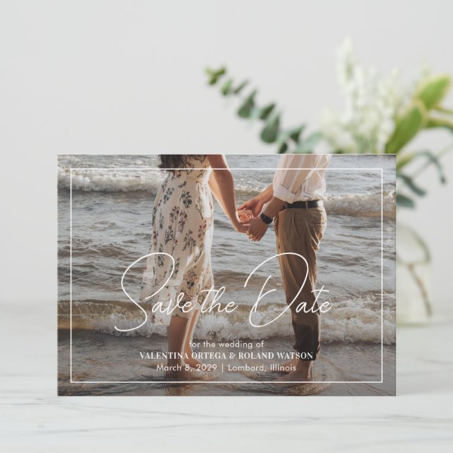 Reserve A Data Casamento Moderno de Foto Branca e Preta (Em pé/Frente)