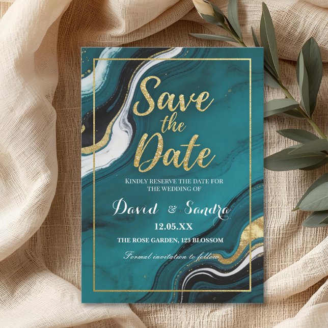 Reserve A Data Casamento Moderno de Mármore Azul Teal Chic Dourad (Criador carregado)