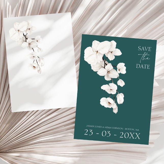 Reserve A Data Casamento Moderno de Orquídea Branca com Verde Esm (Modern Emerald Green White Orchids Flowers Wedding Save The Date)