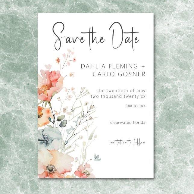 Reserve A Data Casamento Moderno de Pastel Loose Wildflower (Pastel Loose Wildflowers Modern Wedding Save The Date)