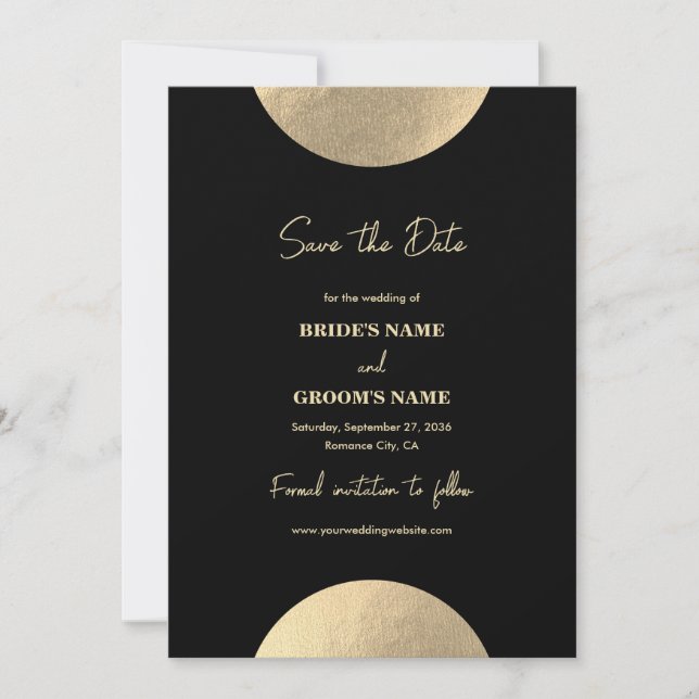 Reserve A Data Casamento moderno de preto e Abstrato Dourado cont (Frente)