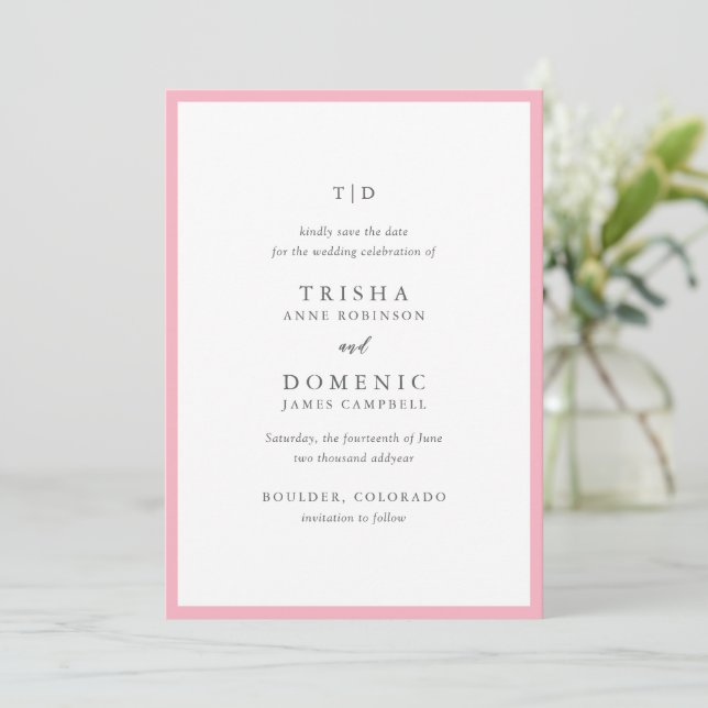 Reserve A Data Casamento Moderno do Monograma Rosa Elegante (Em pé/Frente)