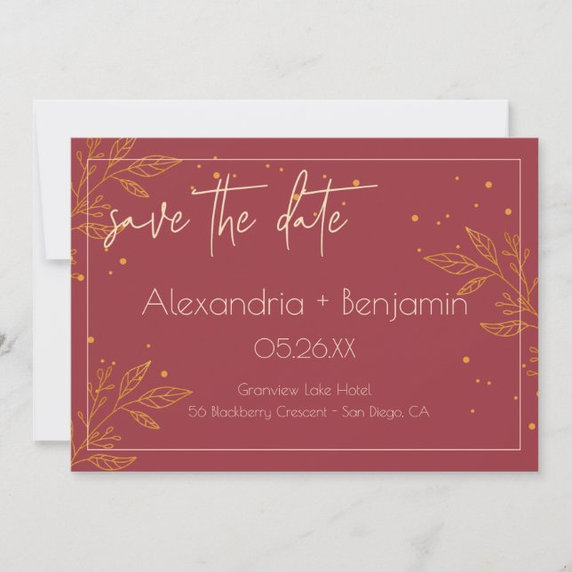 Reserve A Data Casamento Moderno Elegante Burgundy e Dourado (Frente)