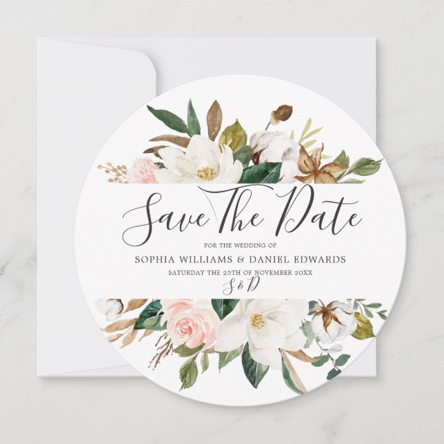 Reserve A Data Casamento Moderno Elegante com Florais Bege e Bran (Frente)