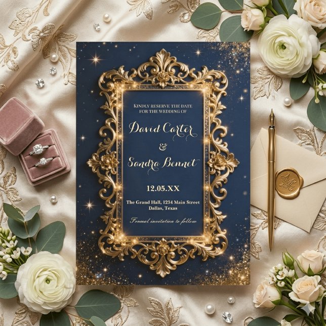 Reserve A Data Casamento Moderno Elegante Dourado Real e Azul Mar (Criador carregado)