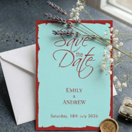 Reserve A Data Casamento Moderno em Aqua Teal e Vermelho Intenso