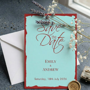 Reserve A Data Casamento Moderno em Aqua Teal e Vermelho Intenso