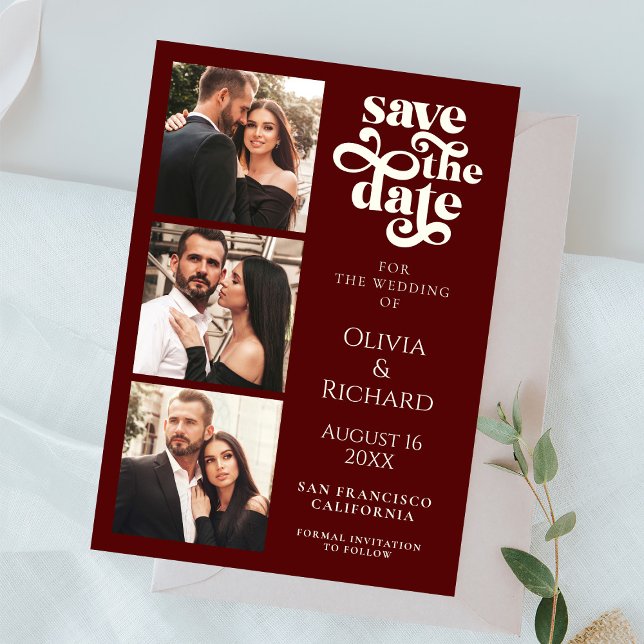 Reserve A Data Casamento Moderno em Borgonha com Colagem de Fotos (Criador carregado)