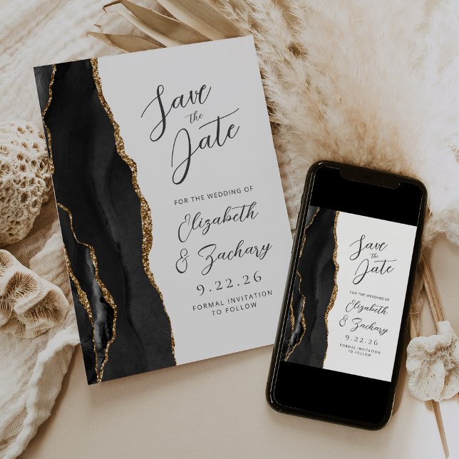 Reserve A Data Casamento Moderno em Script Ágata Preto Dourado (Criador carregado)