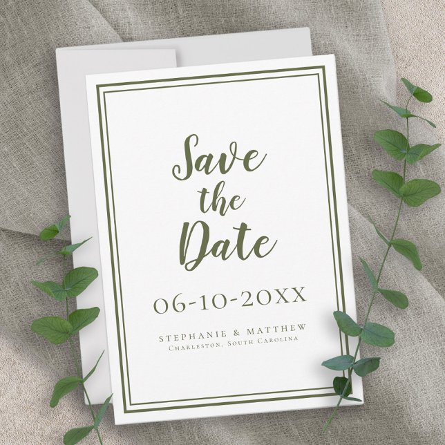 Reserve A Data Casamento Moderno em Verde Oliva Rótulo Simples Cl (Modern Olive Green Wedding Script Simple Classic Save The Date)