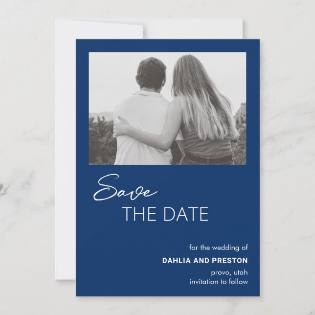 Reserve A Data Casamento Moderno Foto Azul Marinho Mínimo (Frente)