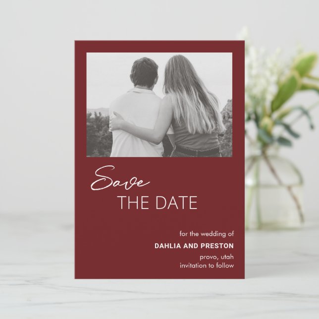 Reserve A Data Casamento Moderno Foto Minimalista Burgundy (Em pé/Frente)