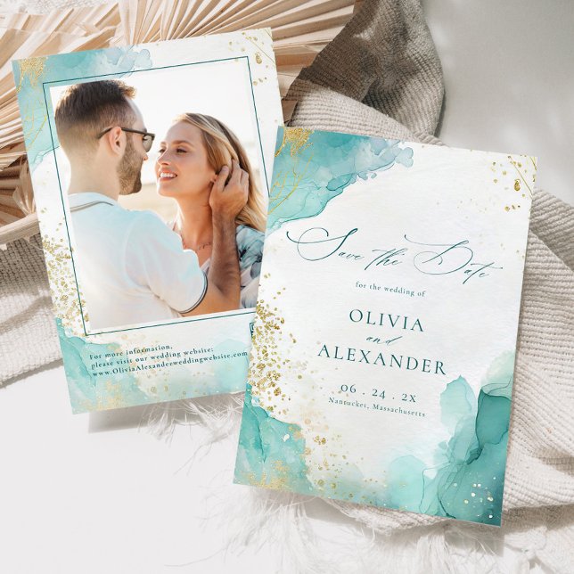 Reserve A Data Casamento Moderno na Praia Teal Dourado Foto Abstr (Criador carregado)