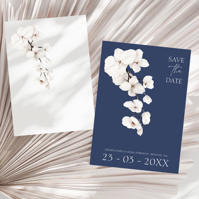 Reserve A Data Casamento Moderno Orquídea Branca Azul Naval (Modern Navy Blue White Orchids Flowers Wedding Save The Date)