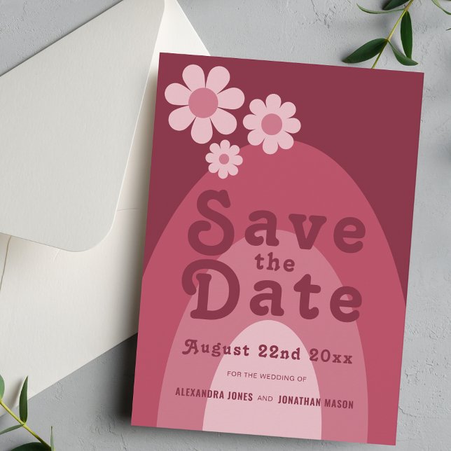 Reserve A Data Casamento Moderno Retro Anos 70 Rosa Borgonha (Retro daisy arch burgundy blush pink wedding save the date invitation)