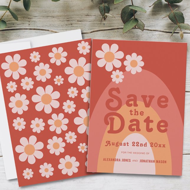 Reserve A Data Casamento Moderno Retro dos Anos 70 (Retro 70s vintage daisy arch orange wedding save the date invitation with groovy typography )