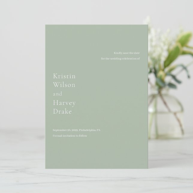 Reserve A Data Casamento Moderno Verde Sage Elegante (Em pé/Frente)