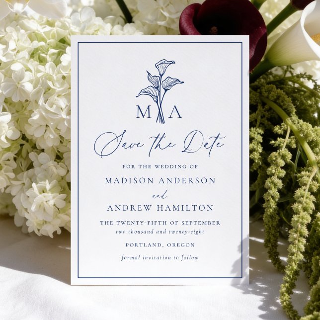 Reserve A Data Casamento Monograma Clássico com Lírio Calla Azul- (Criador carregado)