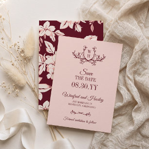 Reserve A Data Casamento Monograma com Vegetação e Burgundy Rosad