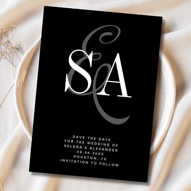 Reserve A Data Casamento Monograma Preto Branco Elegante Script (Criador carregado)
