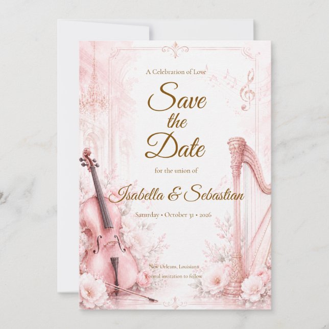 Reserve A Data Casamento Musical Elegante Rosa (Frente)