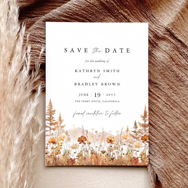 Reserve A Data Casamento na Montanha de Flores Silvestres de Terr (Terracotta wildflower mountain save the date wedding card with elegant typography, boho rustic)