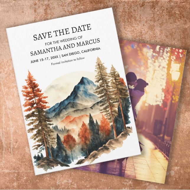 Reserve A Data Casamento na Montanha no Outono Laranja Foto Salva (Autumn mountain wedding photo Save the Date photo card)