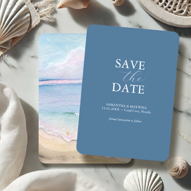 Reserve A Data Casamento na Praia Aquarela Salve as Datas (beach wedding save the dates watercolor ocean art by Victoria Grigaliunas of Do Tell A Belle)